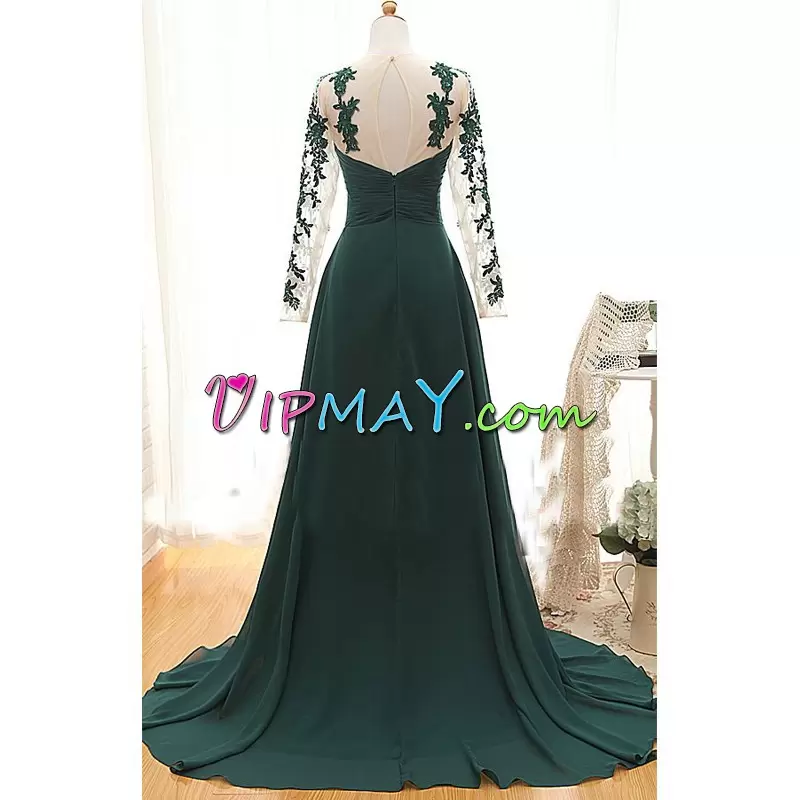 Attractive Long Sleeves Chiffon Brush Train Zipper in Peacock Green with Lace