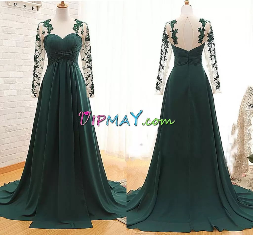 Attractive Long Sleeves Chiffon Brush Train Zipper in Peacock Green with Lace