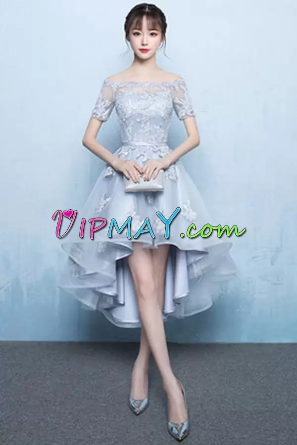 Lace Silver Lace Up Short Sleeves High Low Prom Dress