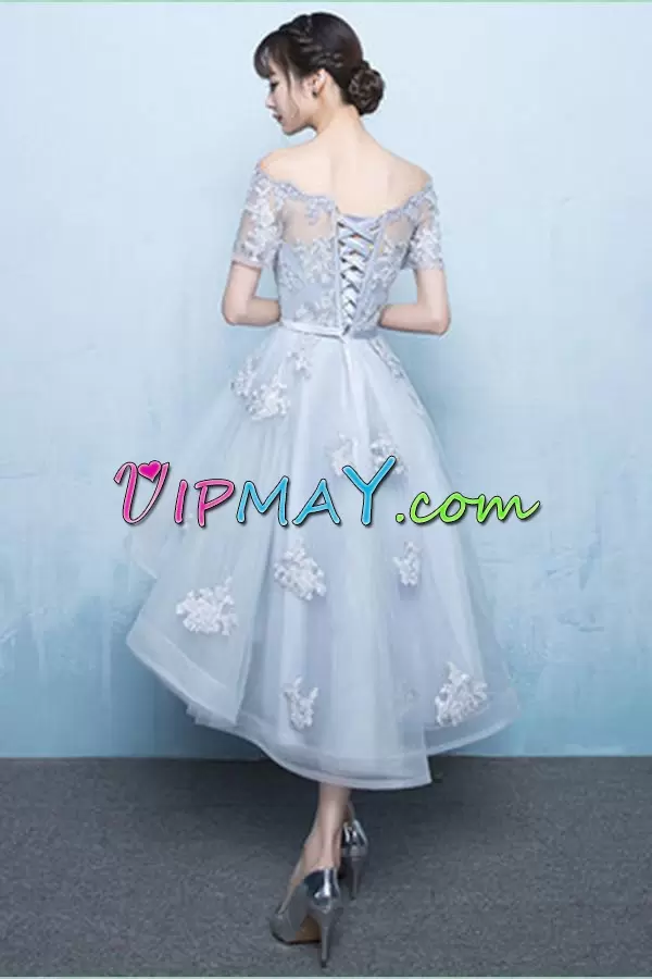 Lace Silver Lace Up Short Sleeves High Low Prom Dress