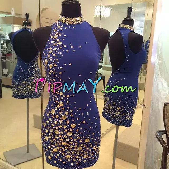 Royal Blue Prom Dresses Party with Beading Halter Top Sleeveless Backless