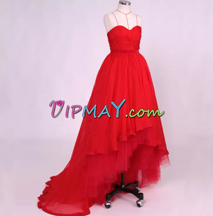 Spectacular Sleeveless Tulle High Low Backless in Red with Ruching and Pleated