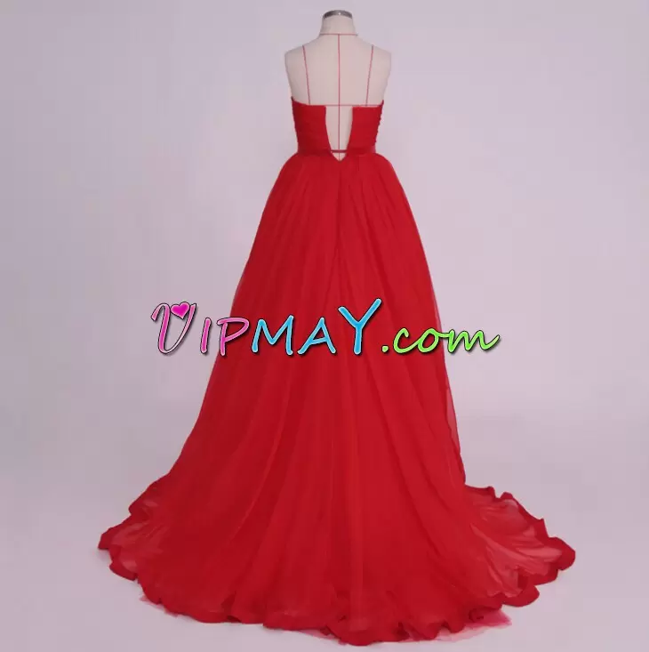 Spectacular Sleeveless Tulle High Low Backless in Red with Ruching and Pleated