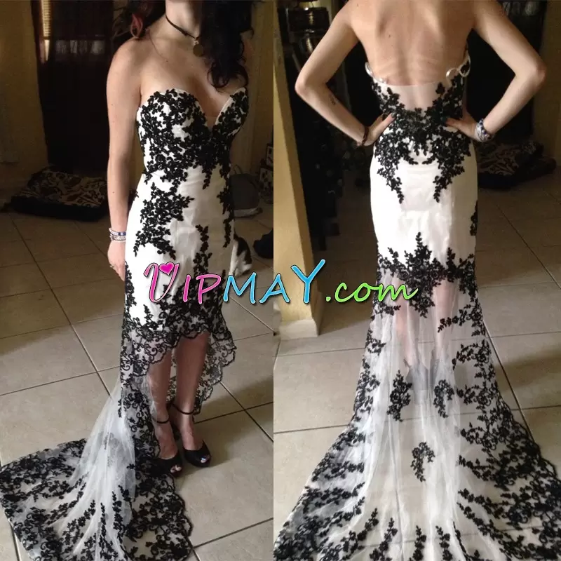 Dazzling Sleeveless Sweetheart Brush Train Side Zipper Lace and Appliques Evening Dress Sweetheart