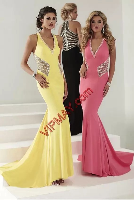 Gorgeous Black and Coral Red and Yellow Sleeveless Chiffon Backless Homecoming Dress for Prom and Party and Military Ball