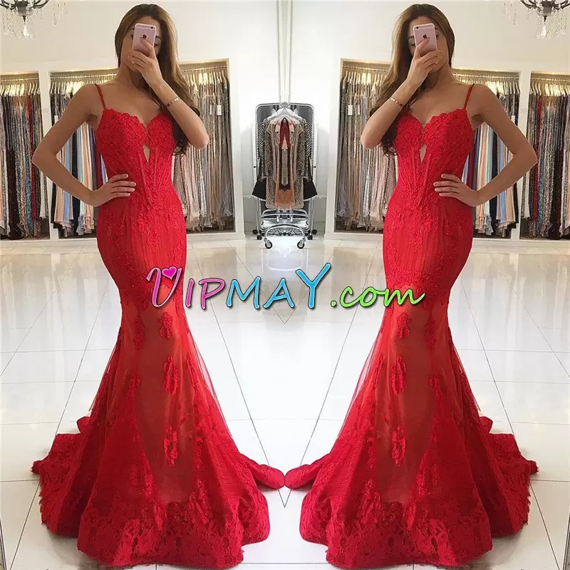 Floor Length Red Prom Gown Satin Sweep Train Sleeveless Beading and Lace