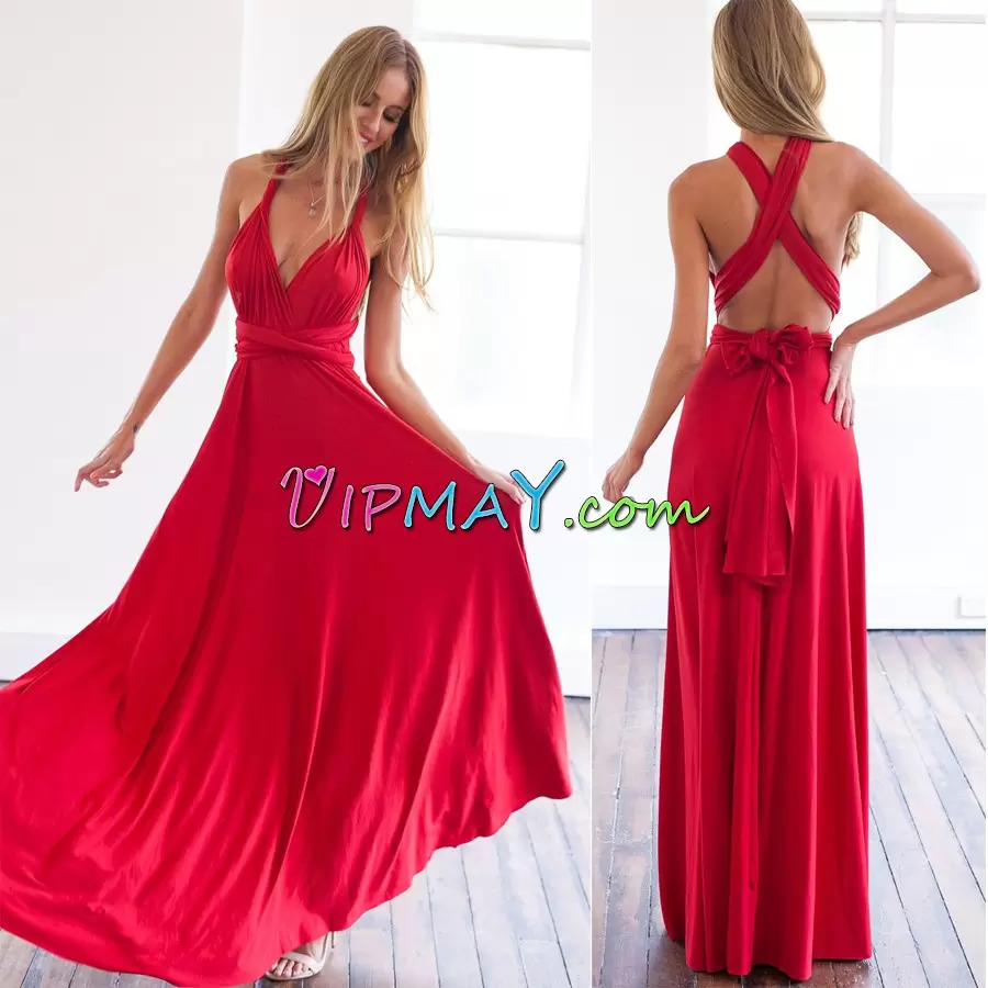 Sleeveless Floor Length Backless Prom Dress in Red with Sashes ribbons and Ruching