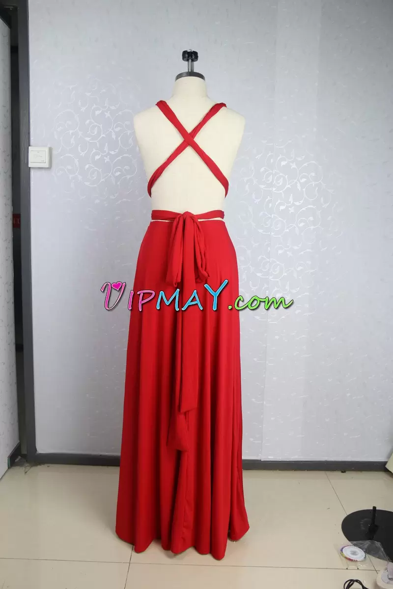 Sleeveless Floor Length Backless Prom Dress in Red with Sashes ribbons and Ruching