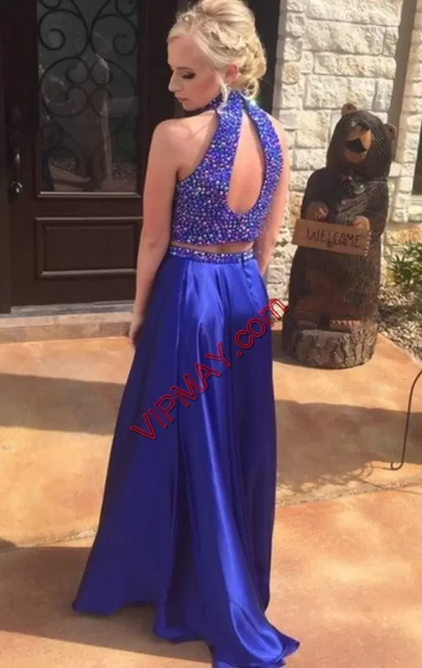 Royal Blue Two Pieces Beading and Lace Prom Homecoming Dress Lace Up Satin Sleeveless Floor Length