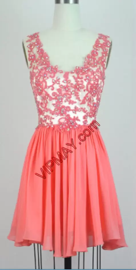 Vintage Mini Length Coral Red Homecoming Dress Online Chiffon Sleeveless Beading and Appliques