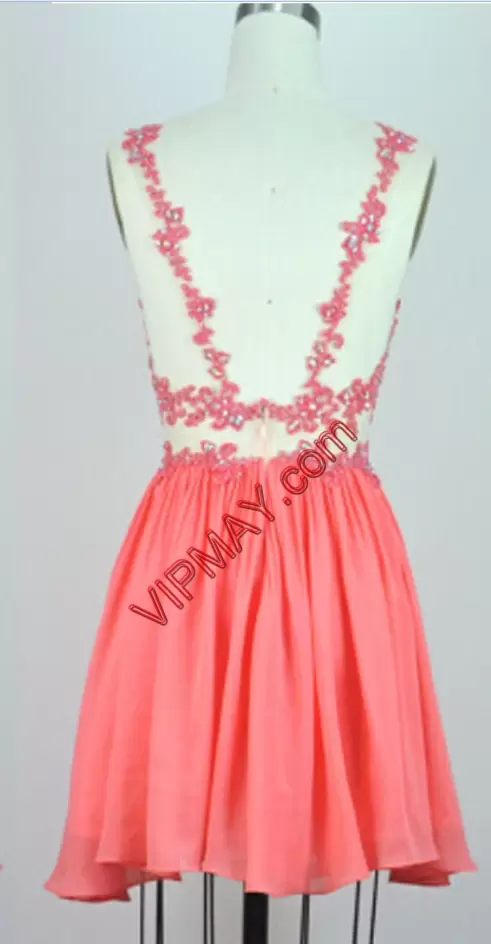 Vintage Mini Length Coral Red Homecoming Dress Online Chiffon Sleeveless Beading and Appliques