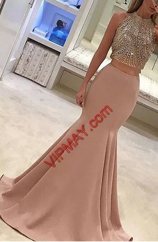 Sleeveless High-neck Sweep Train Zipper Beading Prom Dresses High-neck