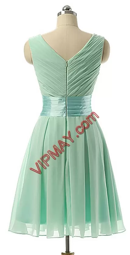 A-line Homecoming Dress Apple Green V-neck Chiffon Sleeveless Mini Length Zipper