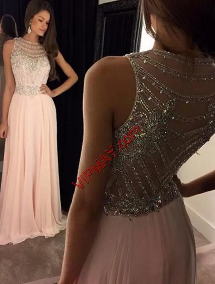 Smart Pink Chiffon Backless Scoop Sleeveless Floor Length Prom Dress Beading