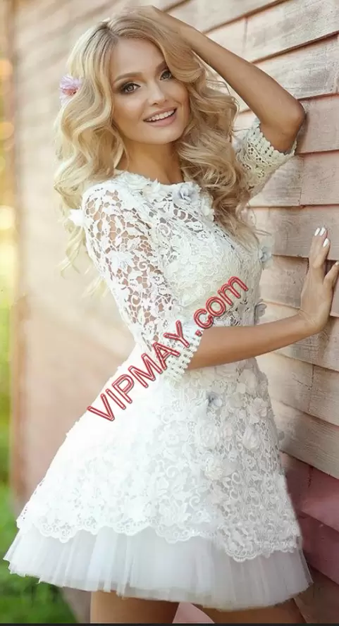 Fantastic Lace Hoco Dress White Zipper Half Sleeves Mini Length