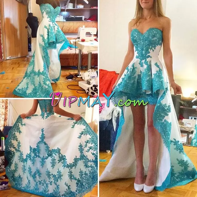 Blue And White A-line Sweetheart Sleeveless Lace and Appliques High Low Zipper Homecoming Dress
