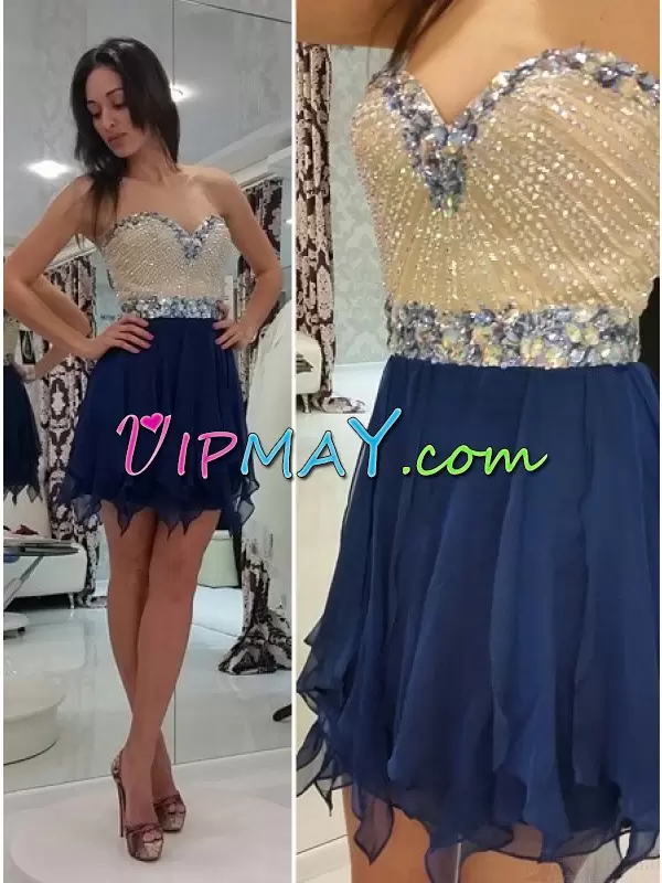 Suitable Mini Length Empire Sleeveless Navy Blue Prom Dress Lace Up