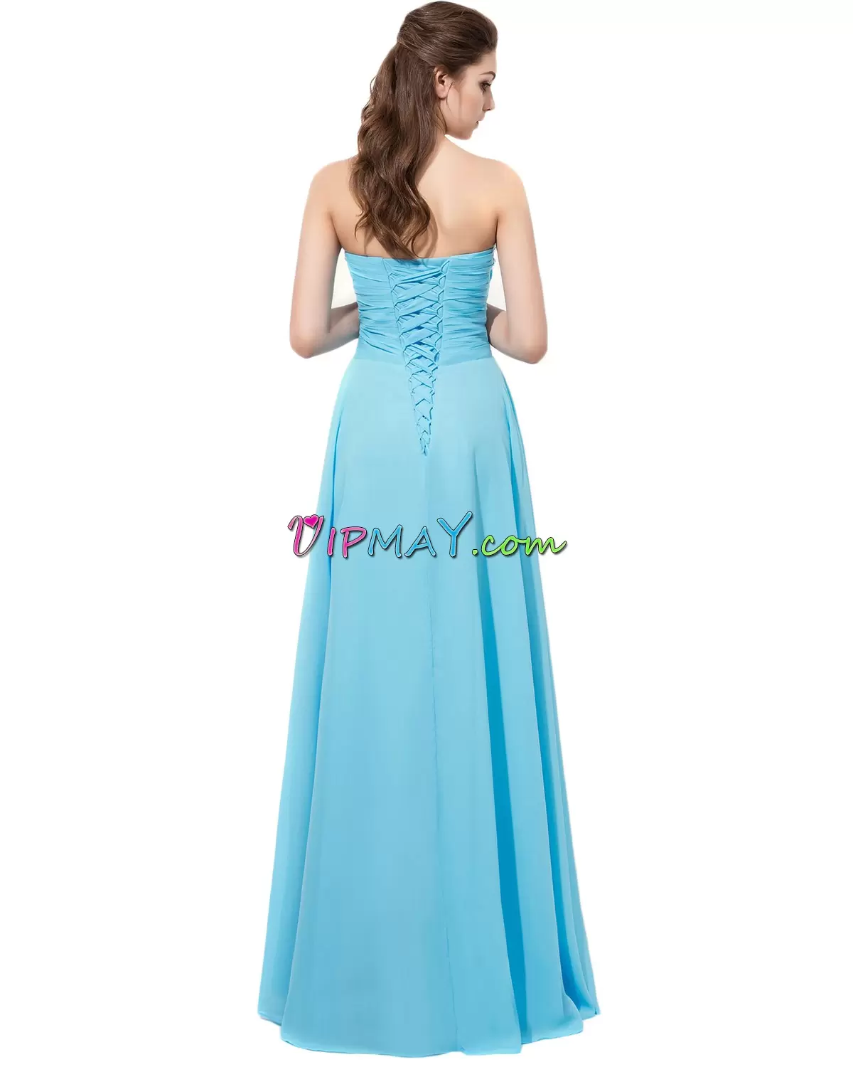 New Arrival Blue Empire Sweetheart Sleeveless Satin and Organza and Chiffon Floor Length Sweep Train Lace Up Beading and Lace Homecoming Dress