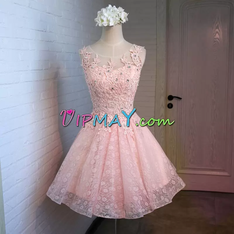 Scoop Sleeveless Homecoming Gowns Mini Length Beading Pink Lace