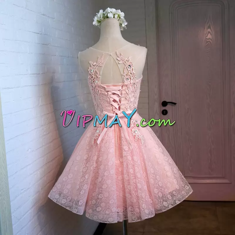 Scoop Sleeveless Homecoming Gowns Mini Length Beading Pink Lace