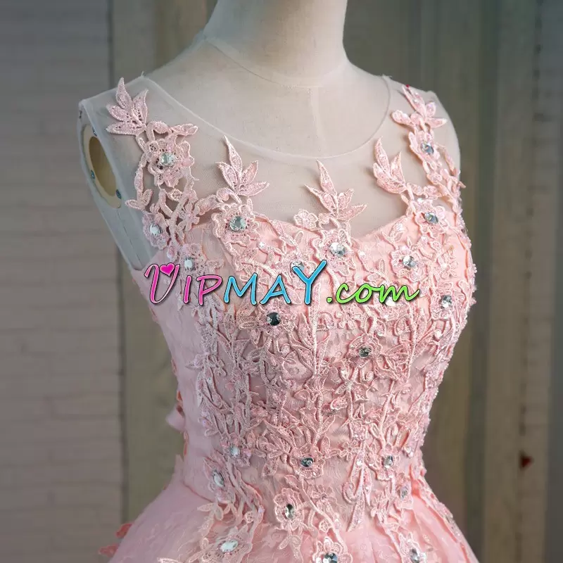 Scoop Sleeveless Homecoming Gowns Mini Length Beading Pink Lace