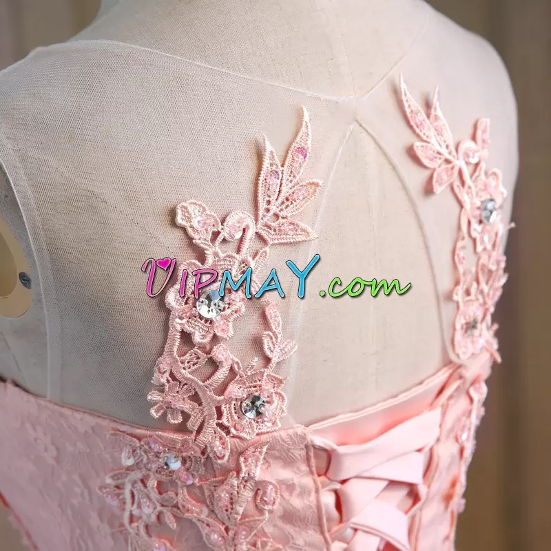 Scoop Sleeveless Homecoming Gowns Mini Length Beading Pink Lace