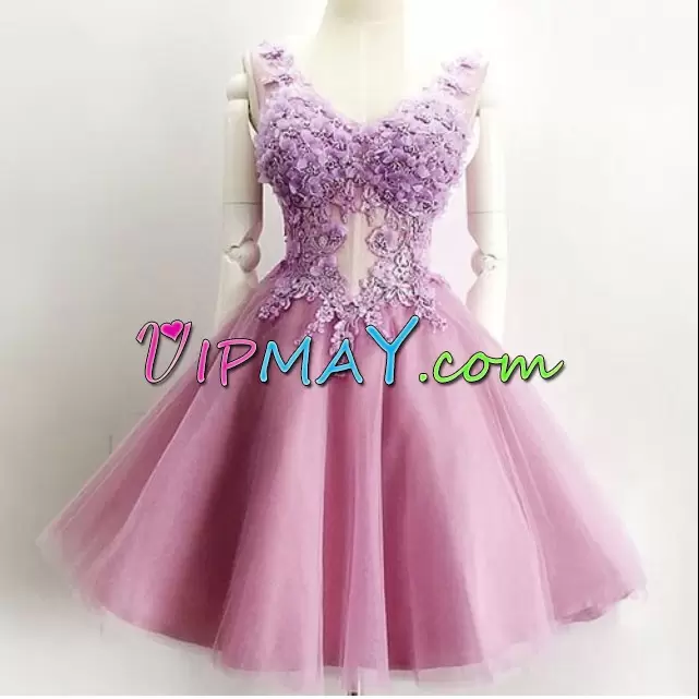 Lilac V-neck Lace Junior Homecoming Dress Sleeveless