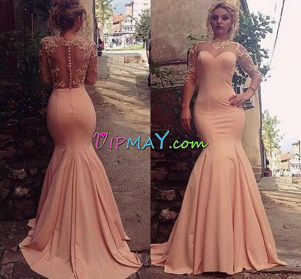 Half Sleeves Chiffon Floor Length Sweep Train Clasp Handle Hoco Dress in Pink with Lace