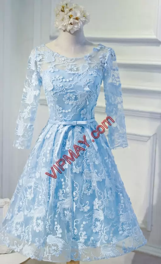 Exquisite A-line Homecoming Gowns Blue Scoop Organza Long Sleeves Knee Length Lace Up