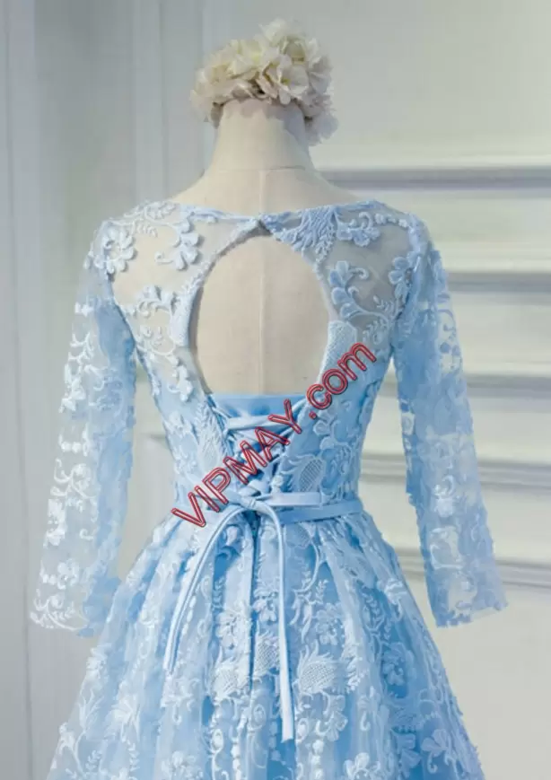 Exquisite A-line Homecoming Gowns Blue Scoop Organza Long Sleeves Knee Length Lace Up