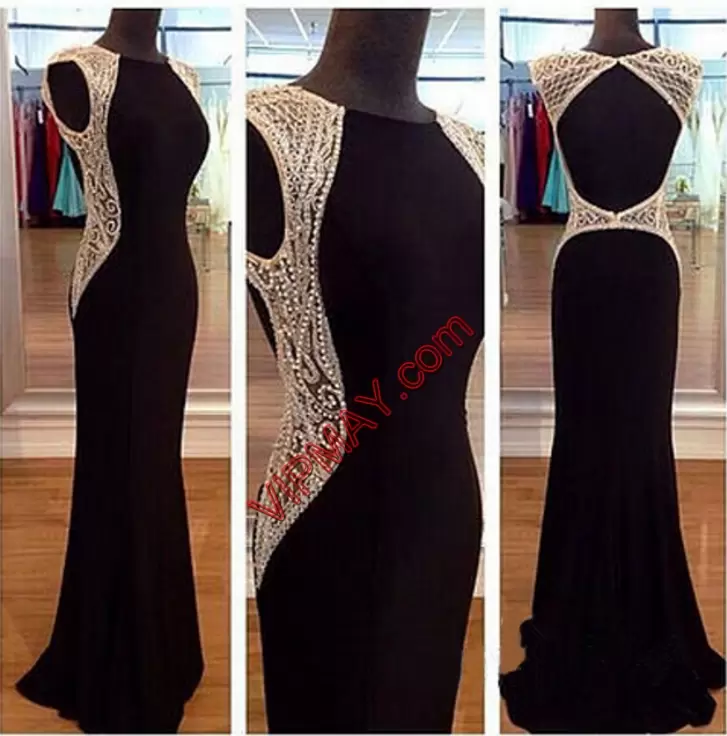 Hot Sale Beading Dress for Prom Black Backless Cap Sleeves Floor Length