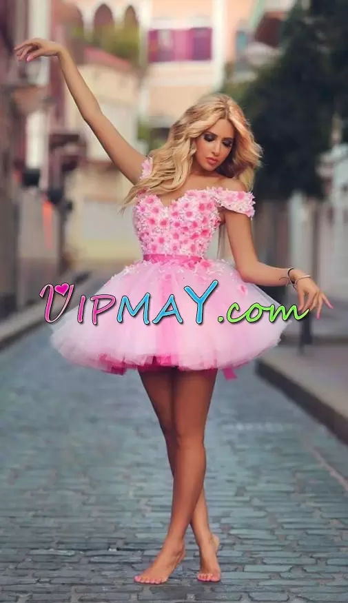 Pink Sleeveless Mini Length Appliques Dress for Prom Off The Shoulder