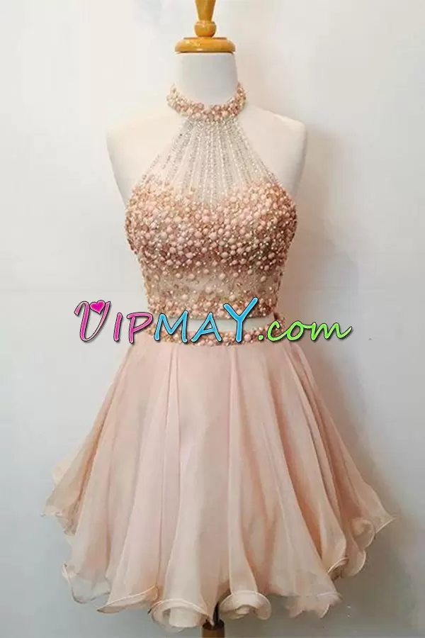 Low Price Beading Champagne Backless Sleeveless Mini Length