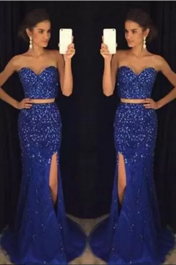 Royal Blue Prom Dresses Strapless Sleeveless Sweep Train Lace Up