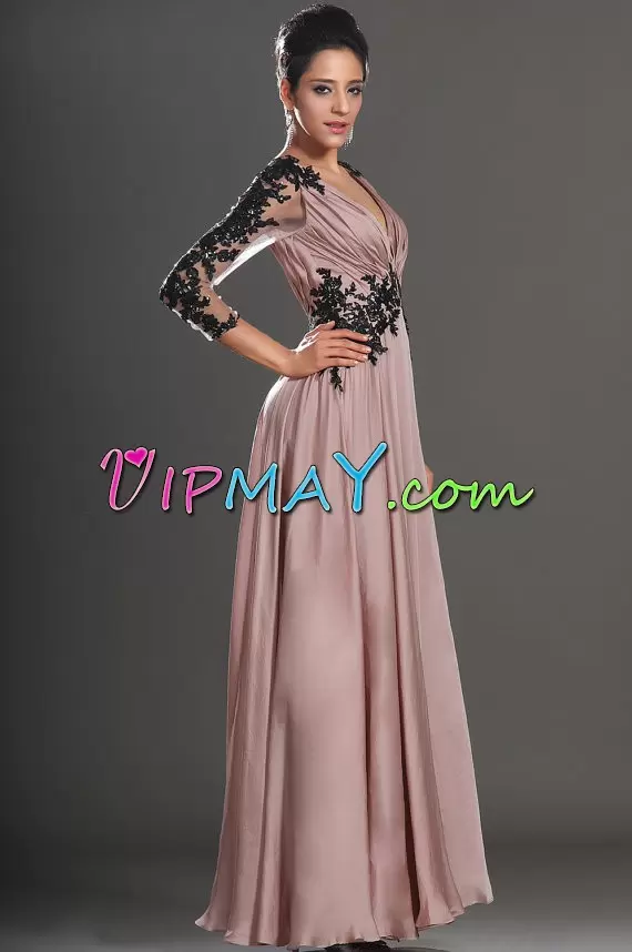 Simple Pink Empire V-neck 3 4 Length Sleeve Chiffon Floor Length Zipper Lace Homecoming Dresses