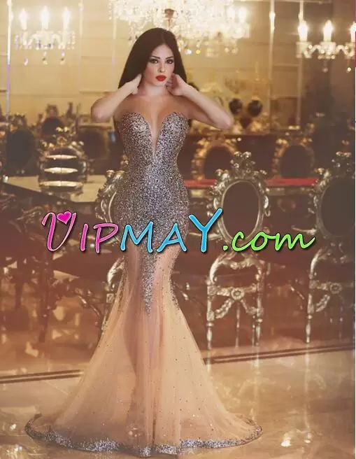 Grey Mermaid Sweetheart Sleeveless Satin and Tulle Floor Length Sweep Train Lace Up Beading and Lace Dress for Prom