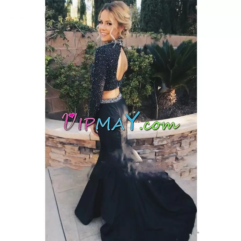 Black Two Pieces High-neck Long Sleeves Floor Length Backless Beading Prom Party Dress