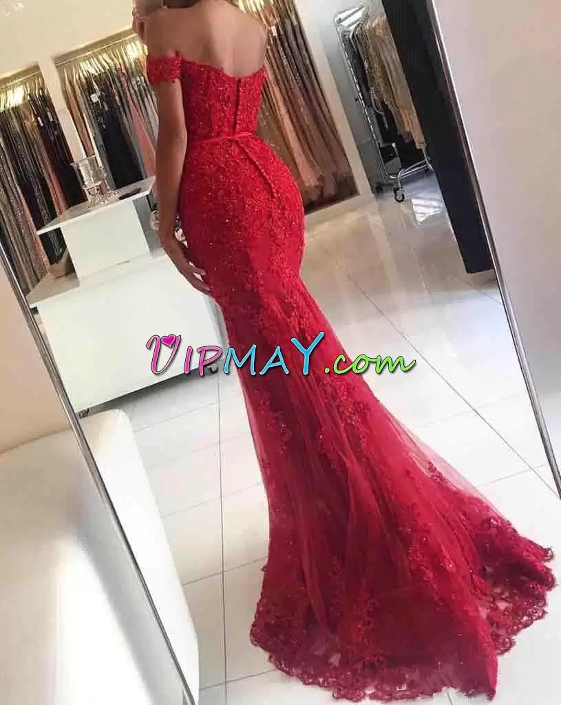 Flare Off The Shoulder Sleeveless Zipper Homecoming Dress Online Red Tulle Lace and Appliques