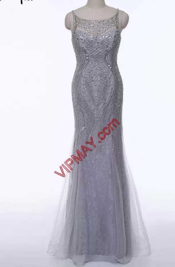 Fitting Floor Length Zipper Homecoming Dress Online Grey for Prom and Party with Beading