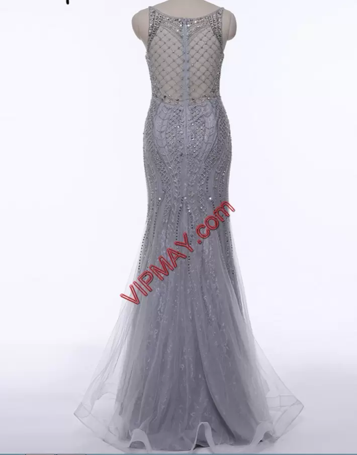 Fitting Floor Length Zipper Homecoming Dress Online Grey for Prom and Party with Beading