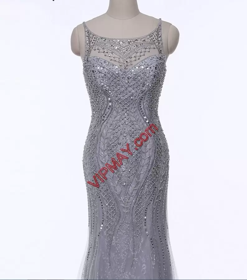 Fitting Floor Length Zipper Homecoming Dress Online Grey for Prom and Party with Beading