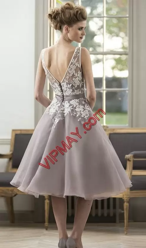 Colorful Organza Scoop Sleeveless Backless Lace and Appliques Homecoming Party Dress in Grey