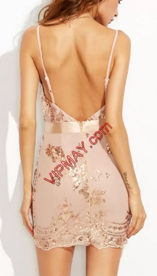 Mini Length Pink Prom Gown Spaghetti Straps Sleeveless Backless