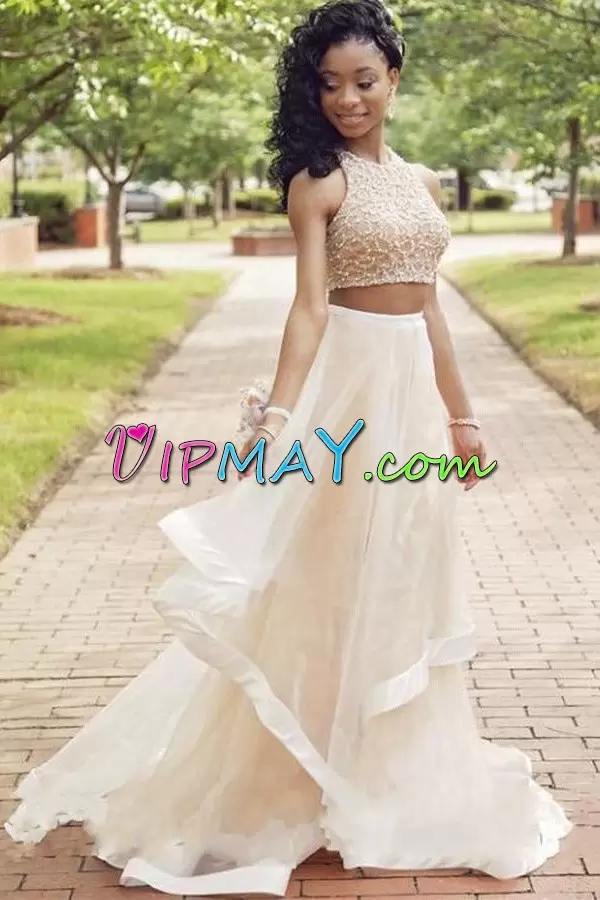 Halter Top Sleeveless Sweep Train Lace Up Homecoming Dress White Satin Beading and Lace