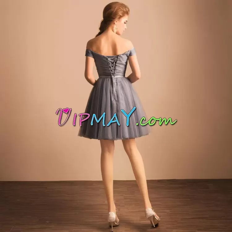 Luxurious Ruching Homecoming Dresses Grey Lace Up Sleeveless Mini Length