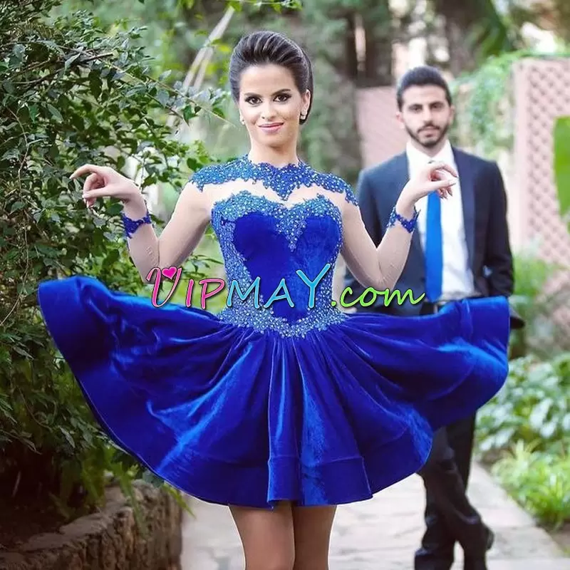 Royal Blue Prom Party Dress High-neck Long Sleeves