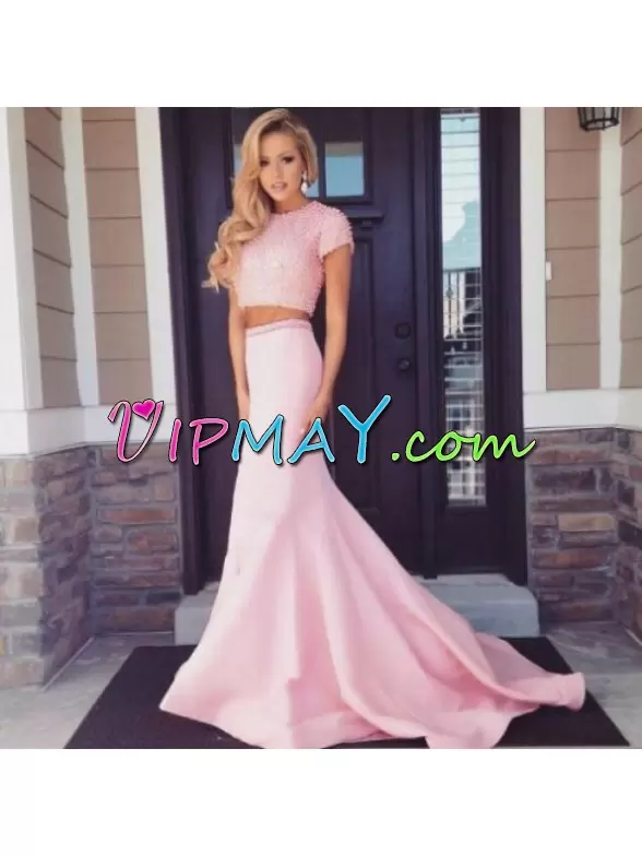 Hot Selling Pink Two Pieces Satin Scoop Short Sleeves Beading Evening Dress Brush Train