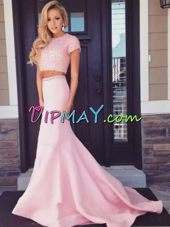 Hot Selling Pink Two Pieces Satin Scoop Short Sleeves Beading Evening Dress Brush Train