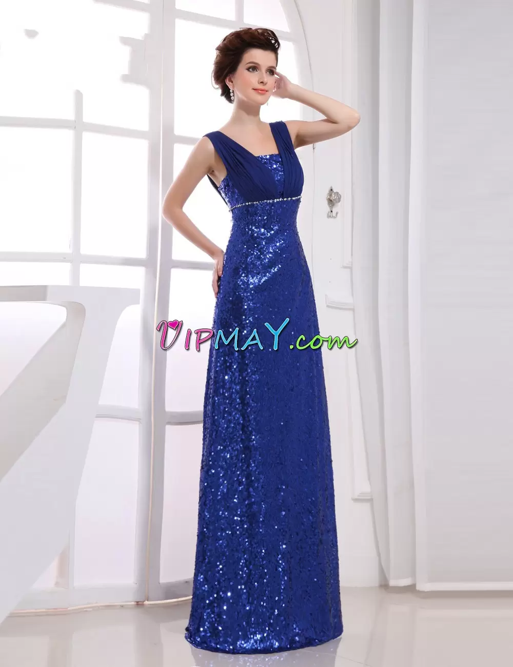 Noble Sequined Straps Sleeveless Side Zipper Beading and Sequins Prom Gown in Royal Blue