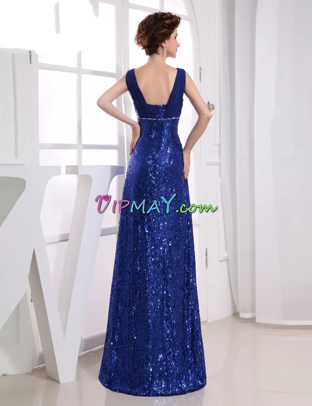 Noble Sequined Straps Sleeveless Side Zipper Beading and Sequins Prom Gown in Royal Blue